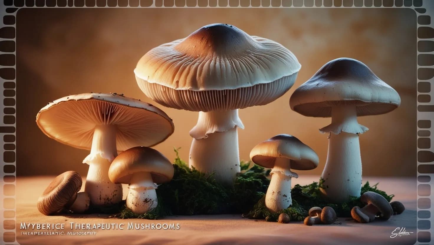 Close-up of vibrant orange mushrooms with glowing smoke swirling around them, set against a gradient sky background.
