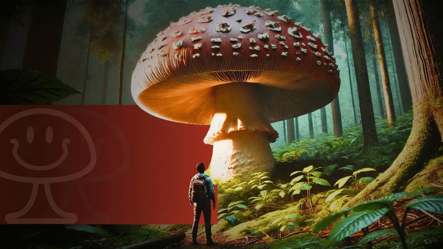 A person standing in awe before a gigantic red and white spotted mushroom in a lush forest, symbolizing the wonder of psychedelic exploration.