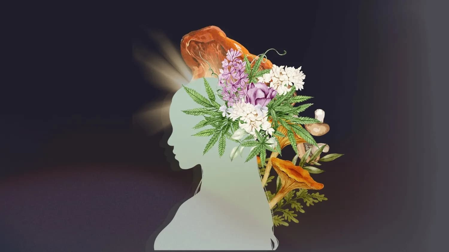 A woman with cannabis leaves and mushrooms