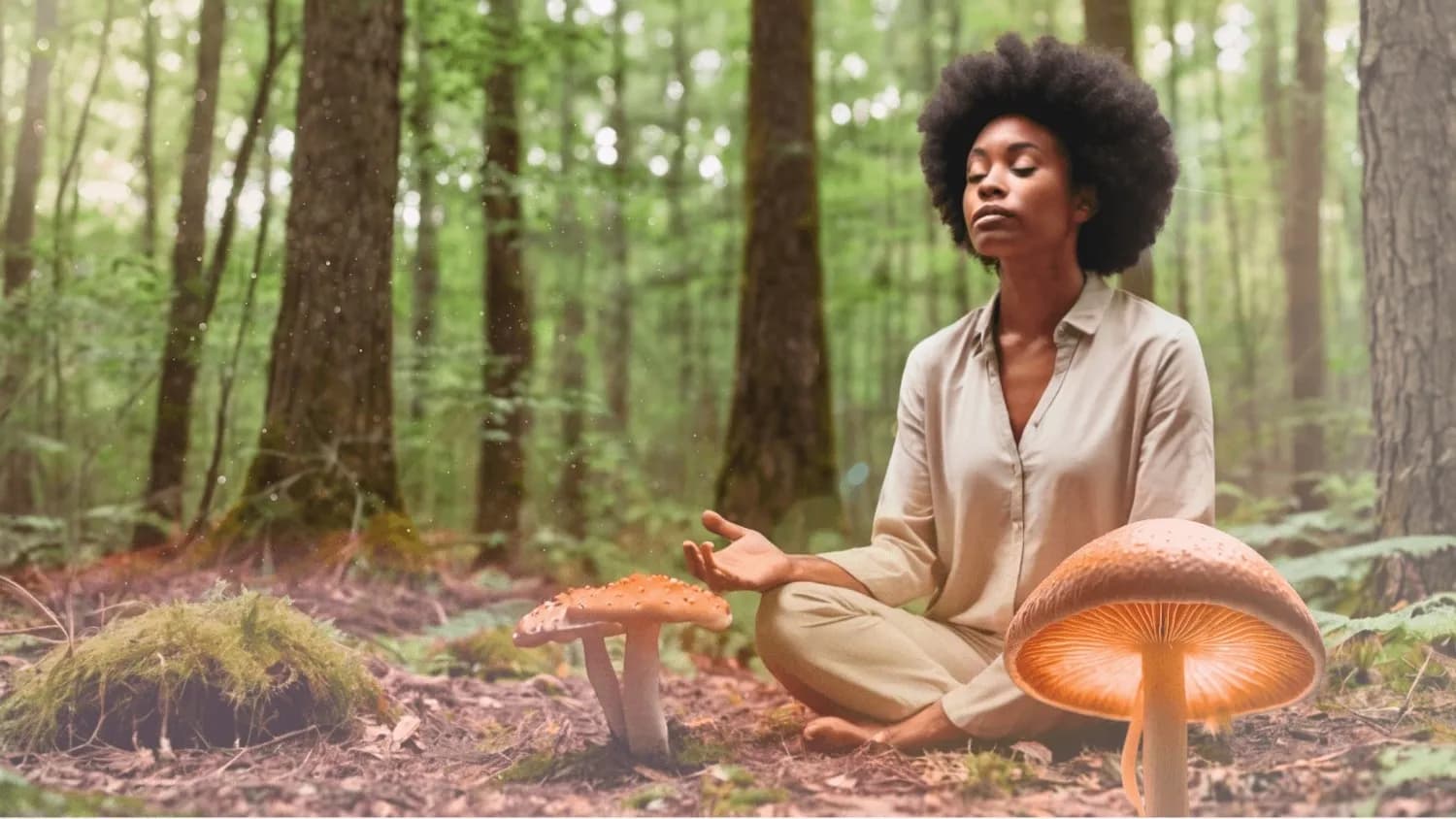 Woman meditating in a forest next to glowing mushrooms