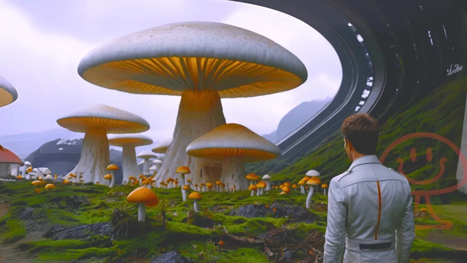 Giant illuminated mushrooms under a large dome