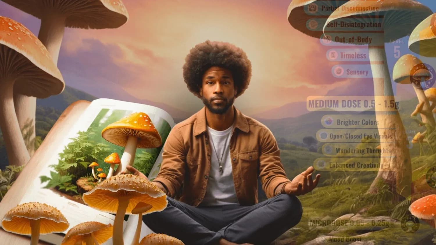 A Person Meditating Among Giant Psychedelic Mushrooms