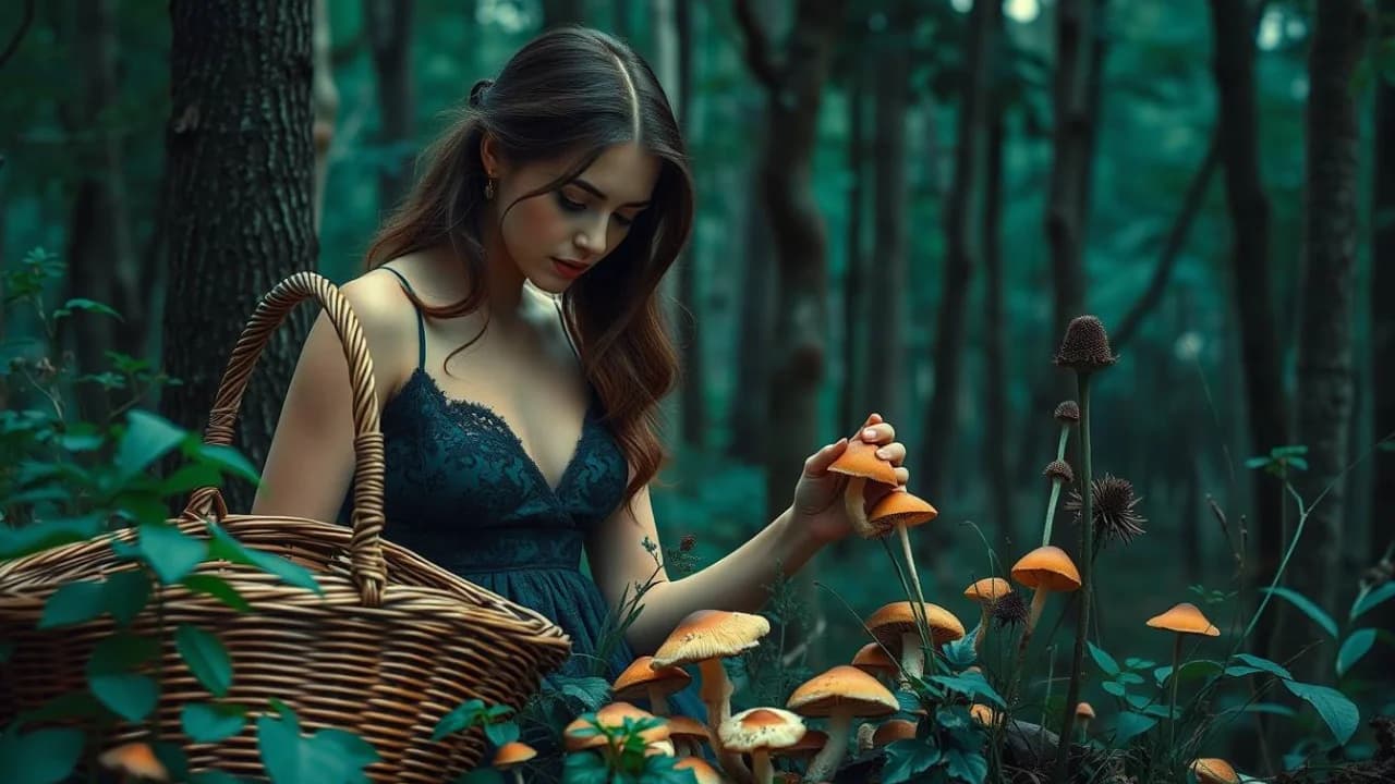 A woman picking mushrooms in a forest, holding a basket, surrounded by orange mushrooms and green foliage.